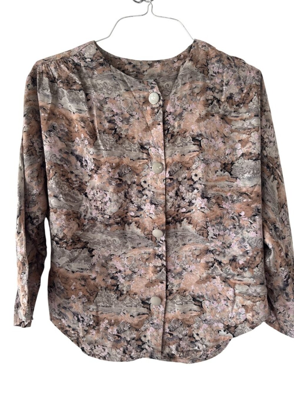 90s Vintage Artsy Tarazzia Button-Up Blouse With Abstract Brown Fall Print